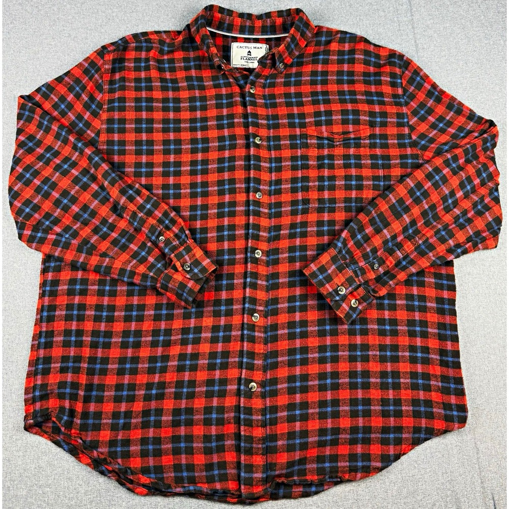 Cactus Man Mens L Flannel Shirt Red Black Blue Plaid 100% Cotton Workwear